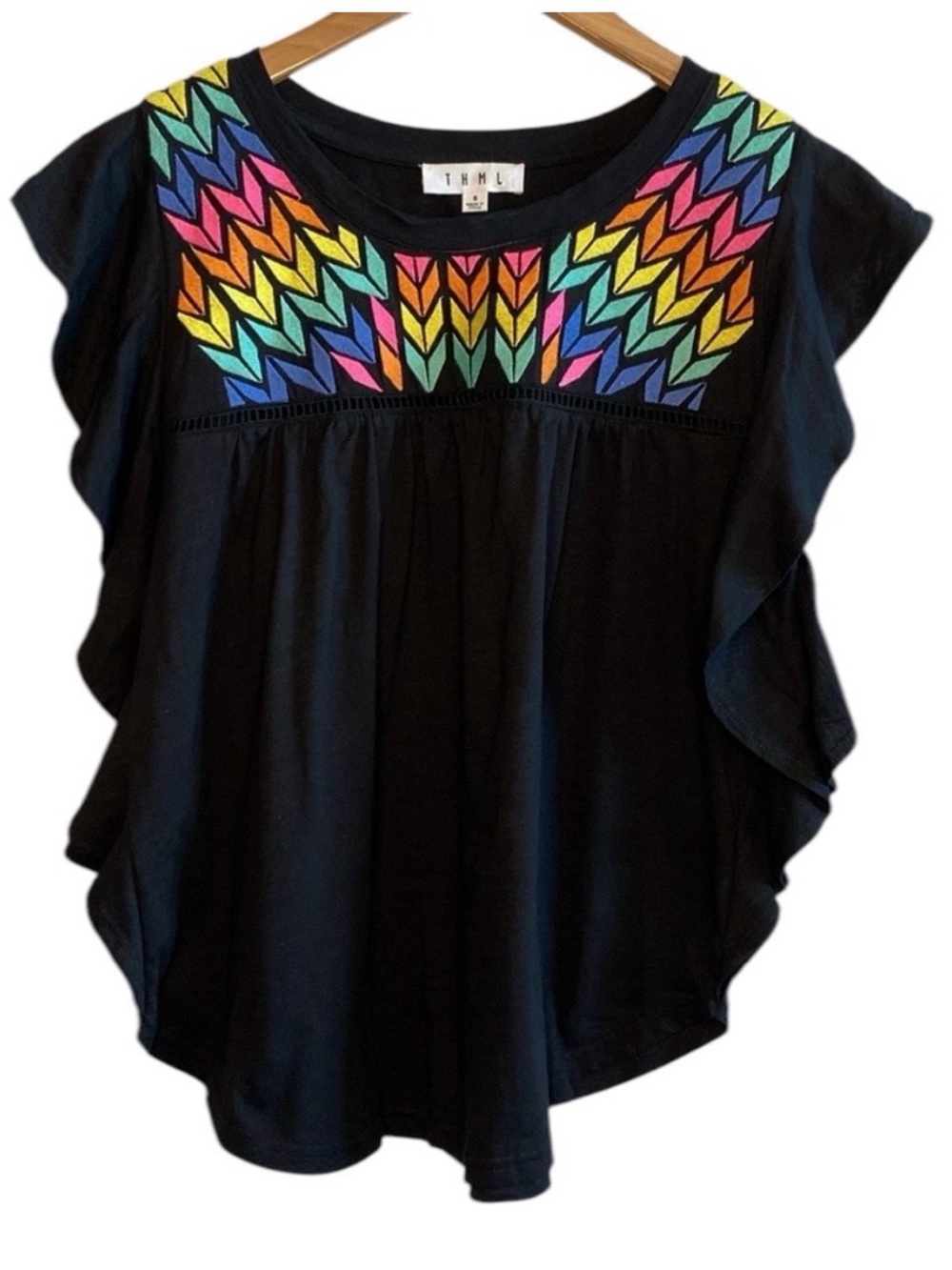 THML Black Top with Rainbow Embroidered Yoke, Flutter Sleeves